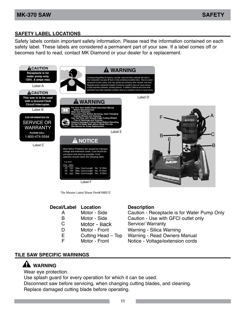 Otor, Mk-370 saw safety, Tile saws | Warning, Notice, Service or warranty | MK Diamond MK-370 User Manual | Page 11 / 36