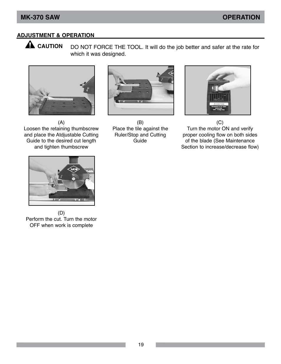 Mk-370 saw operation | MK Diamond MK-370 User Manual | Page 19 / 36