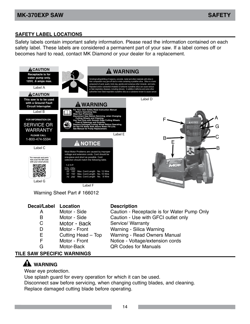 Otor, Mk-370exp saw safety, Tile saws | Warning, Notice, Service or warranty | MK Diamond MK-370 EXP User Manual | Page 14 / 52