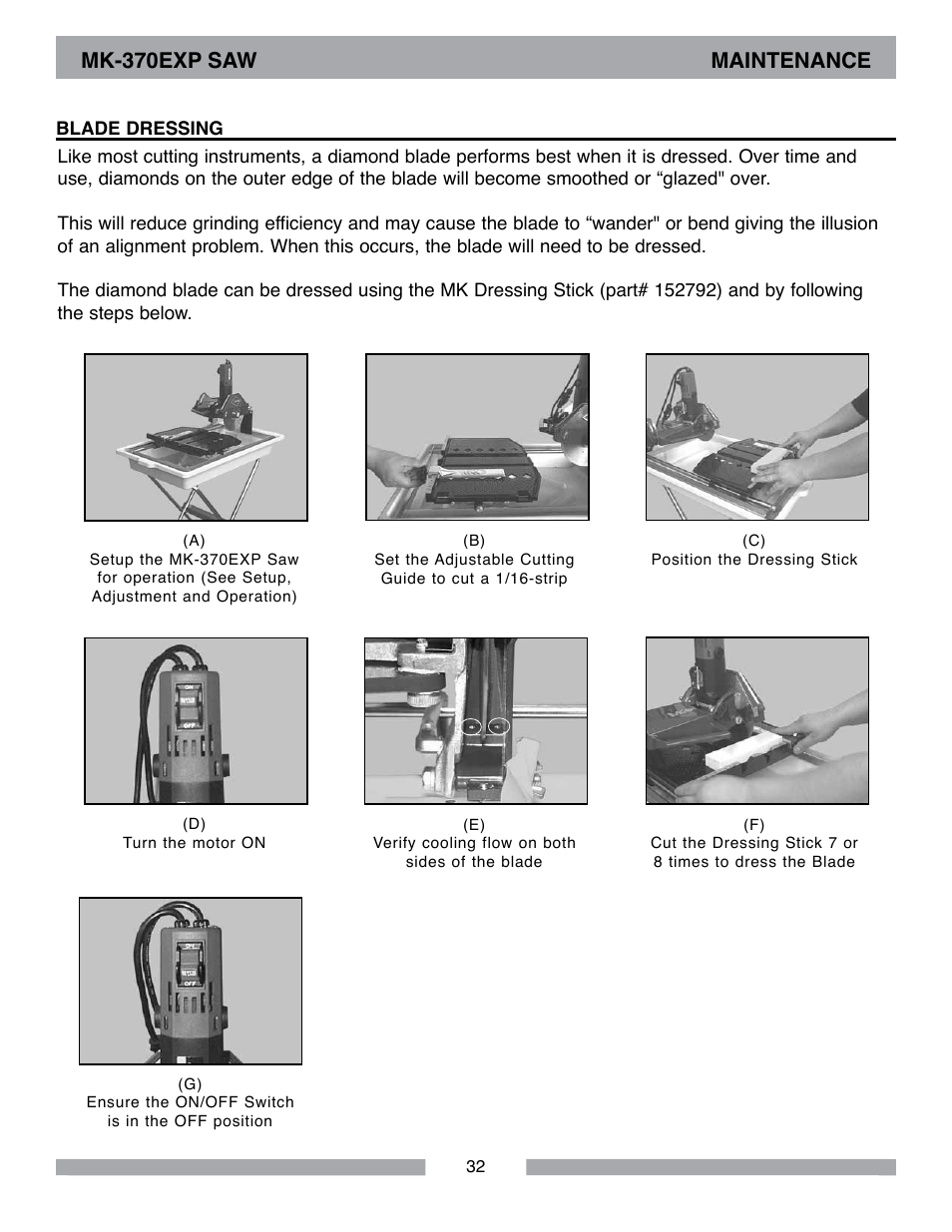 Mk-370exp saw maintenance | MK Diamond MK-370 EXP User Manual | Page 32 / 52