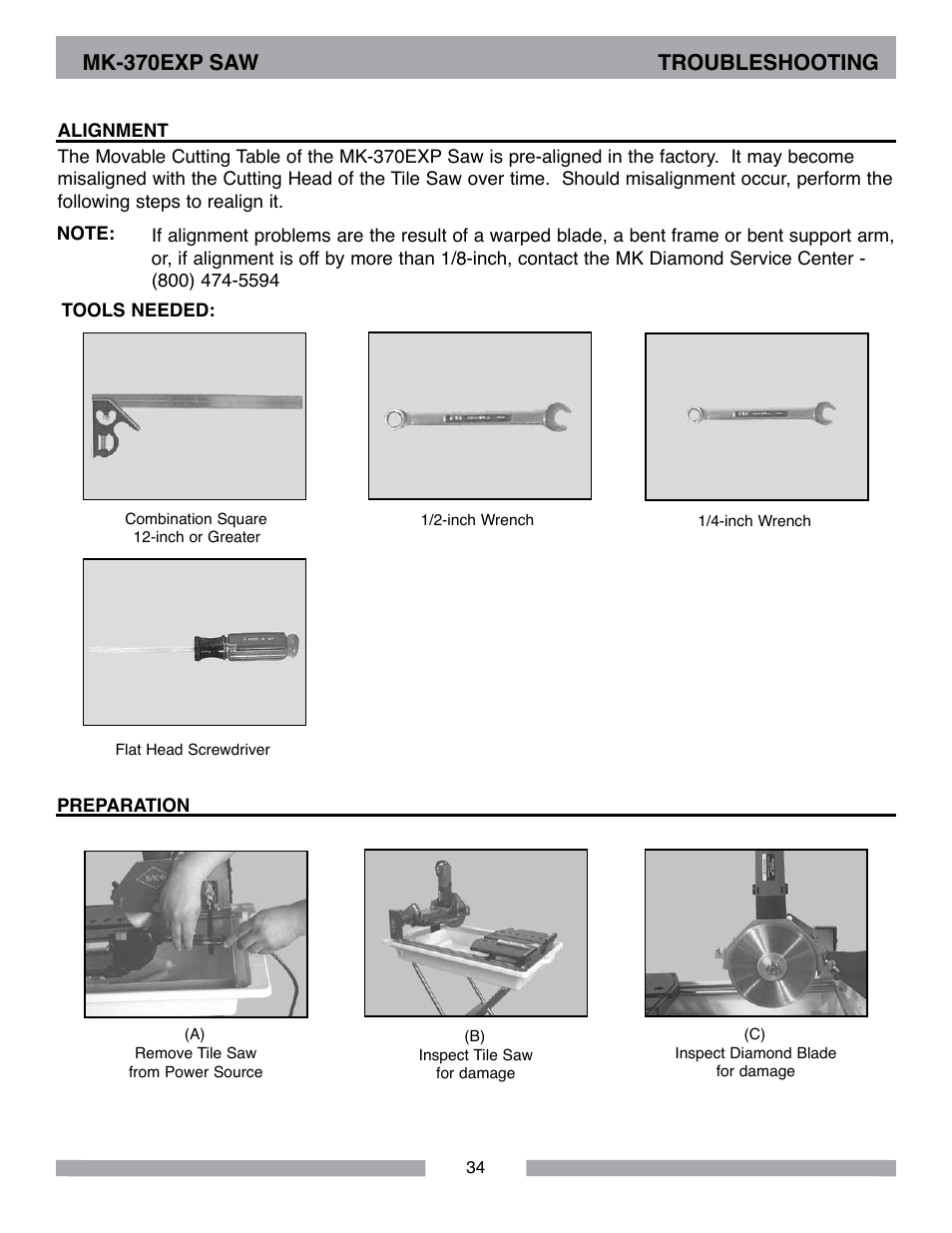 Mk-370exp saw troubleshooting | MK Diamond MK-370 EXP User Manual | Page 34 / 52