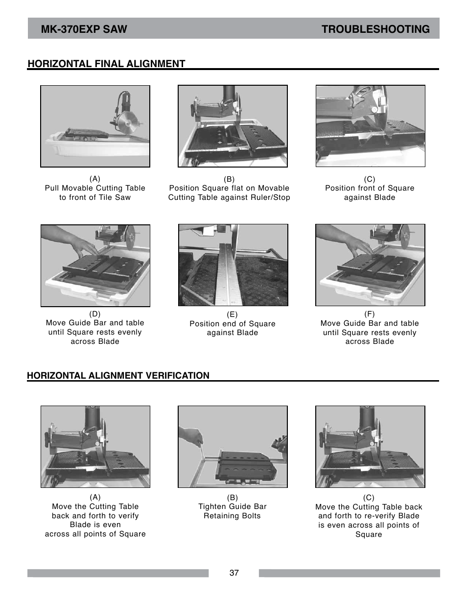 Mk-370exp saw troubleshooting, Horizontal final alignment | MK Diamond MK-370 EXP User Manual | Page 37 / 52