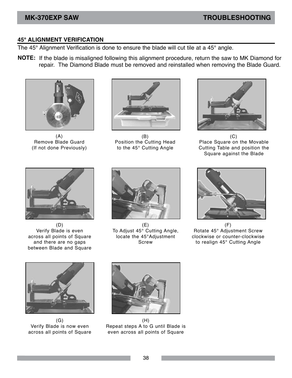 Mk-370exp saw troubleshooting | MK Diamond MK-370 EXP User Manual | Page 38 / 52