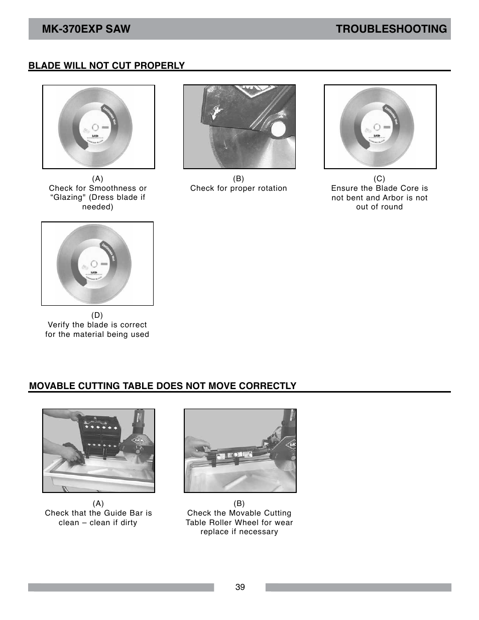 Mk-370exp saw troubleshooting | MK Diamond MK-370 EXP User Manual | Page 39 / 52