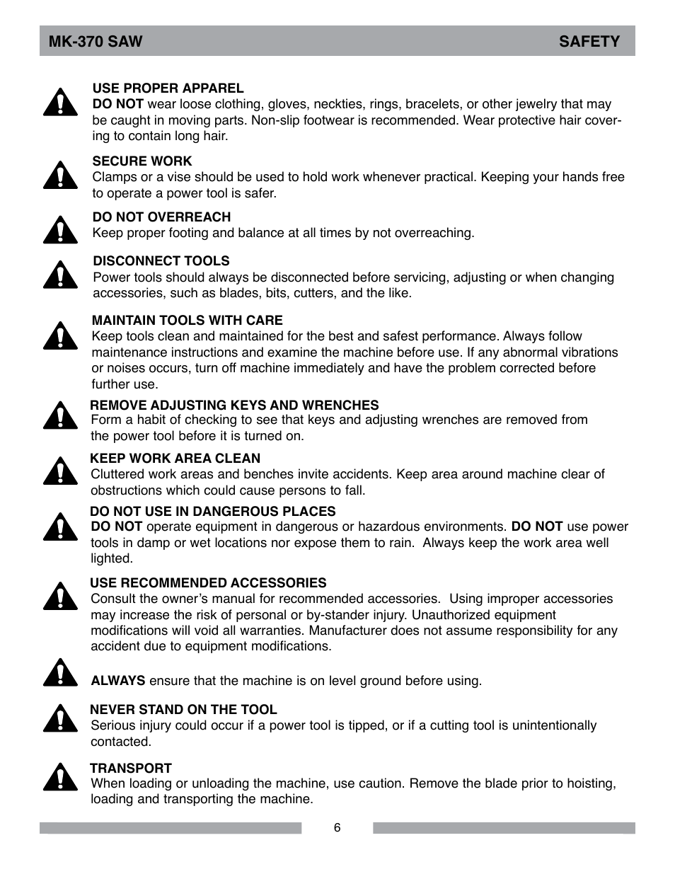 Mk-370 saw safety | MK Diamond MK-370 EXP User Manual | Page 6 / 52