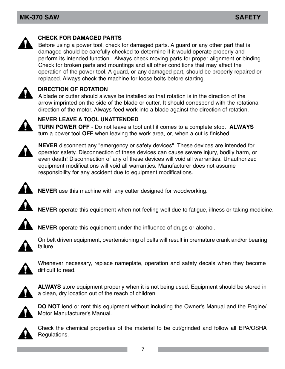 Mk-370 saw safety | MK Diamond MK-370 EXP User Manual | Page 7 / 52