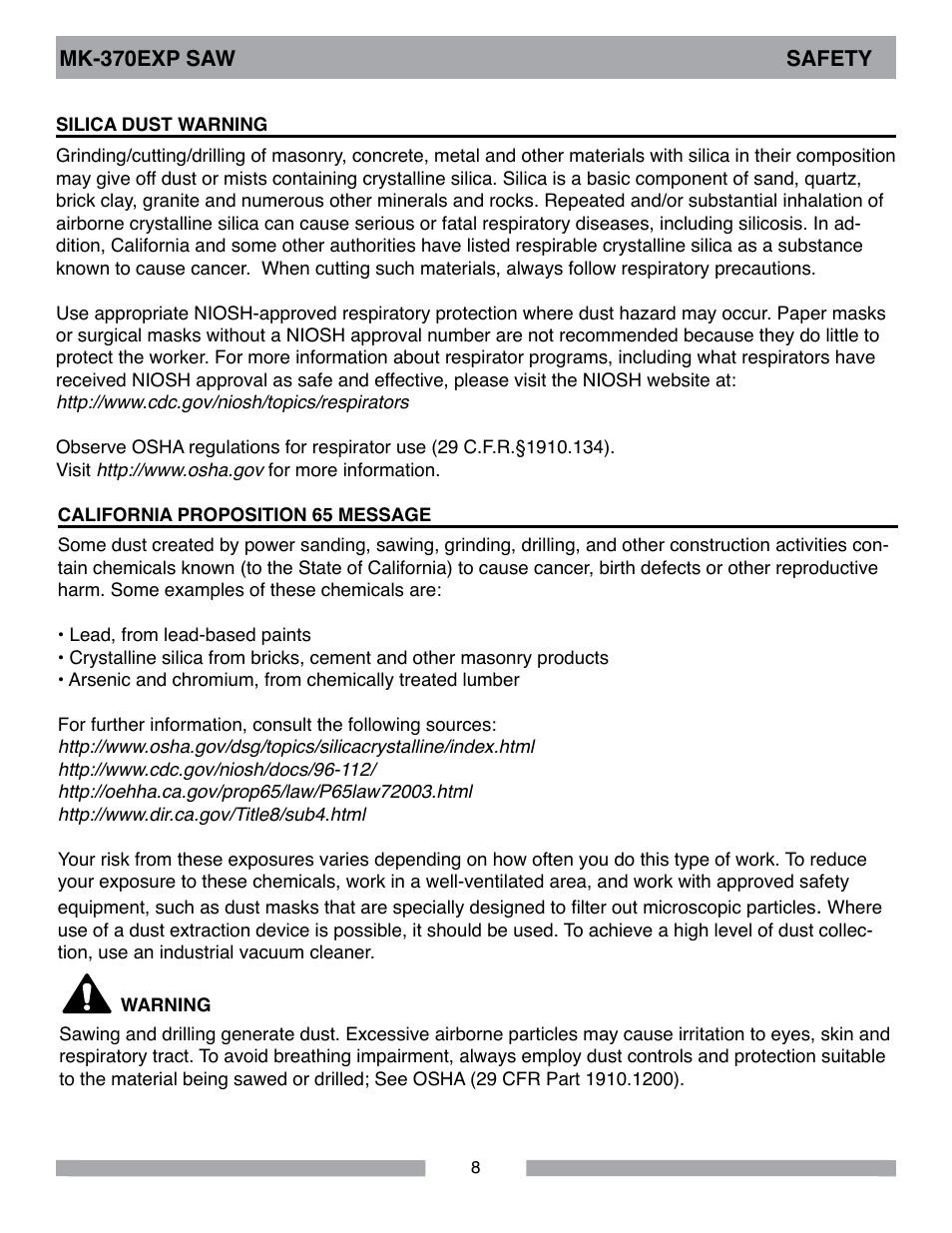 Mk-370exp saw safety | MK Diamond MK-370 EXP User Manual | Page 8 / 52