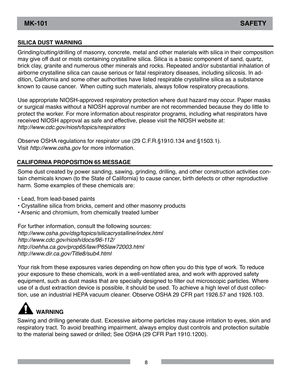 Mk-101 safety | MK Diamond MK-101 User Manual | Page 8 / 52