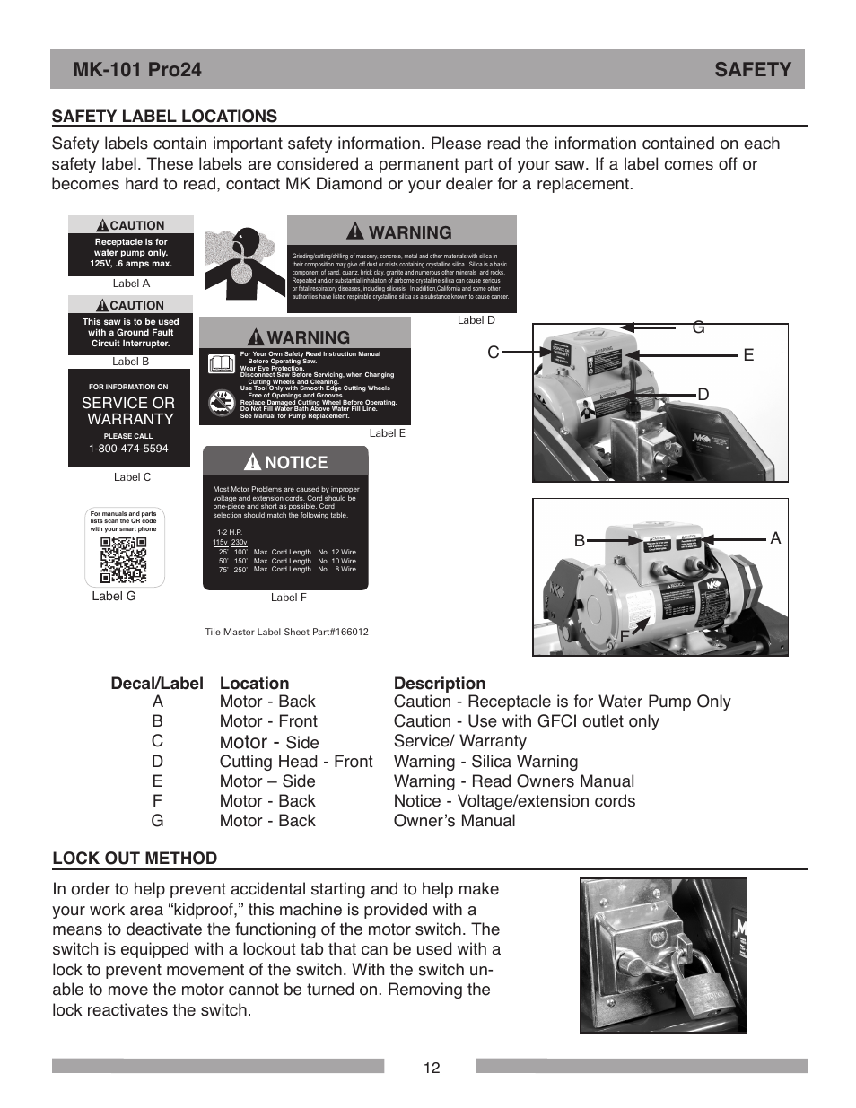 Otor, Tile saws, Warning | Notice | MK Diamond MK-101 Pro24 User Manual | Page 12 / 56