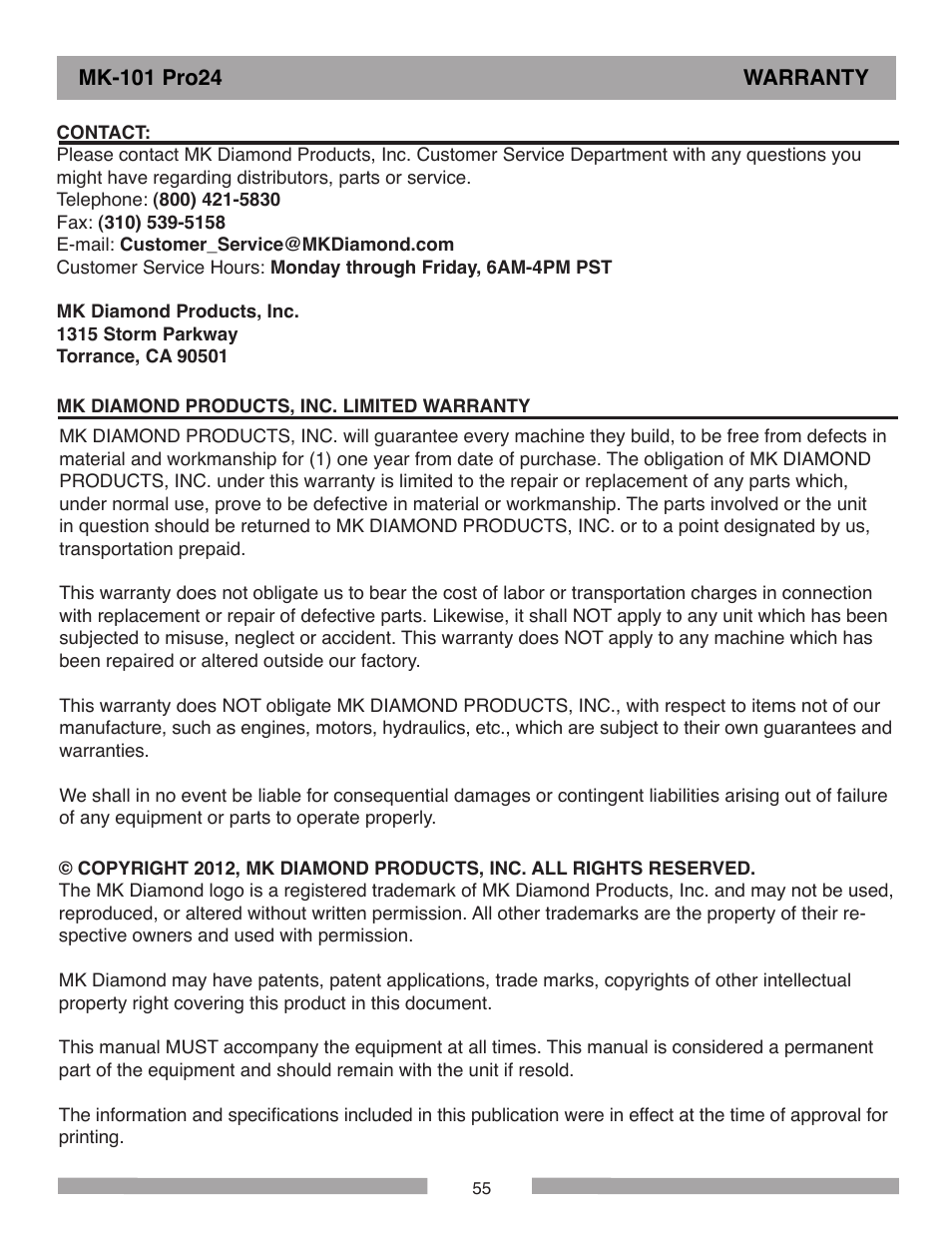 MK Diamond MK-101 Pro24 User Manual | Page 55 / 56