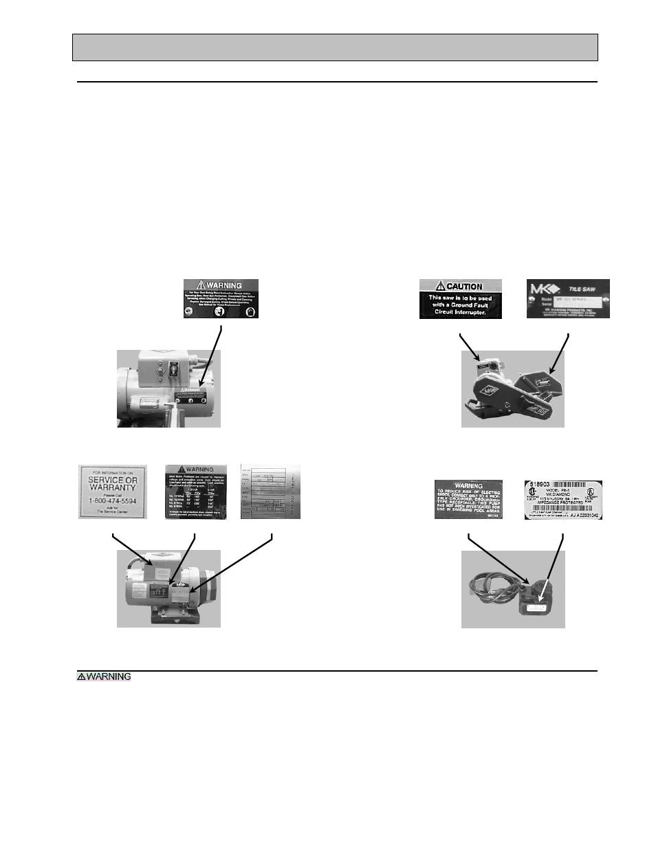 Safety, Safety label locations, Tile saw specific warnings | MK Diamond MK-101 Tracker User Manual | Page 9 / 45