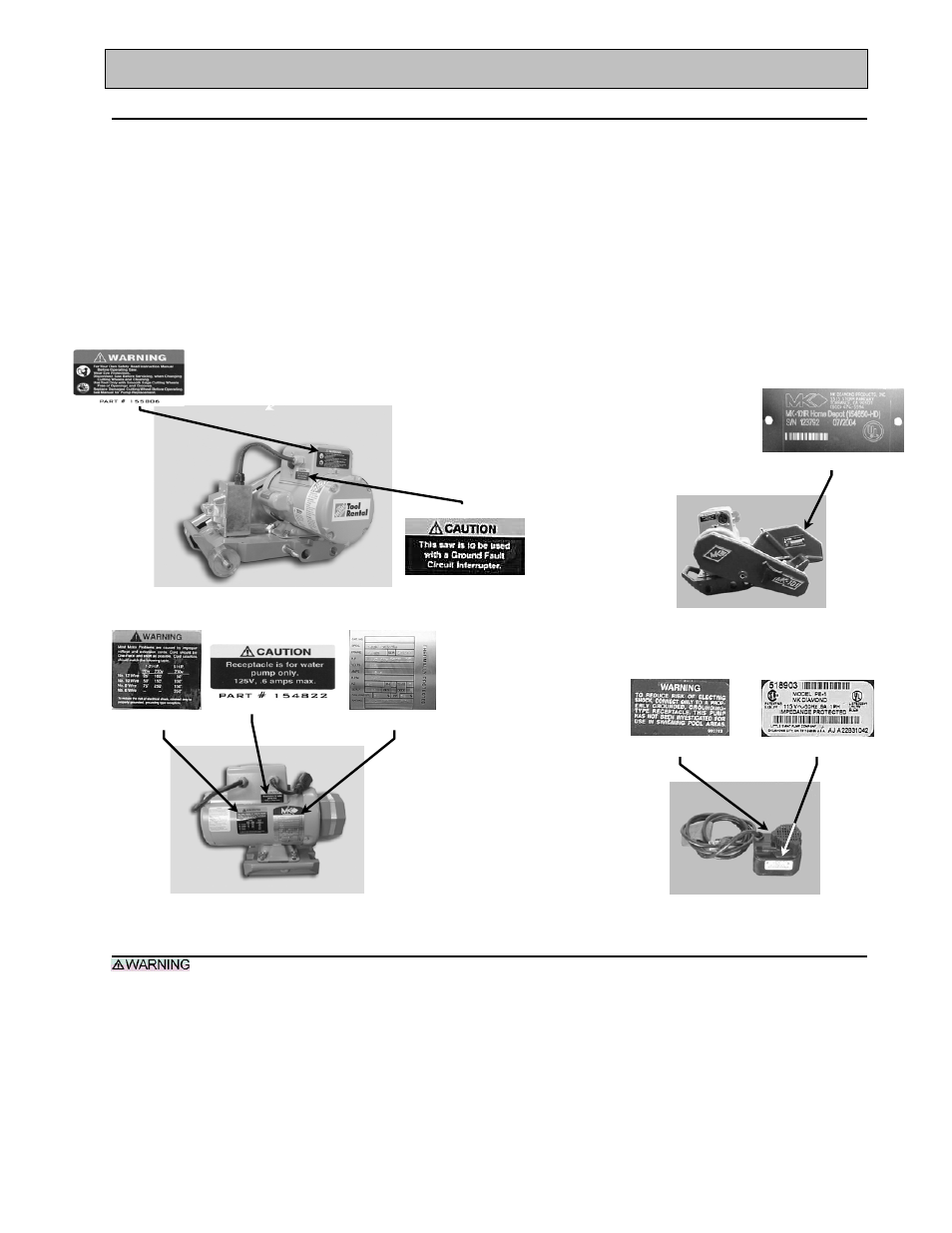 Safety, Safety label locations, Tile saw specific warnings | MK Diamond MK-101 JCS Rental User Manual | Page 9 / 51