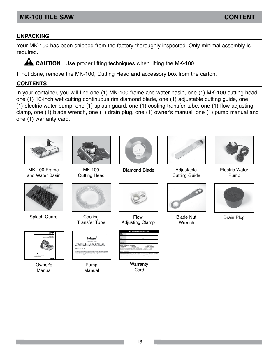 Mk-100 tile saw content | MK Diamond MK-100 User Manual | Page 13 / 44