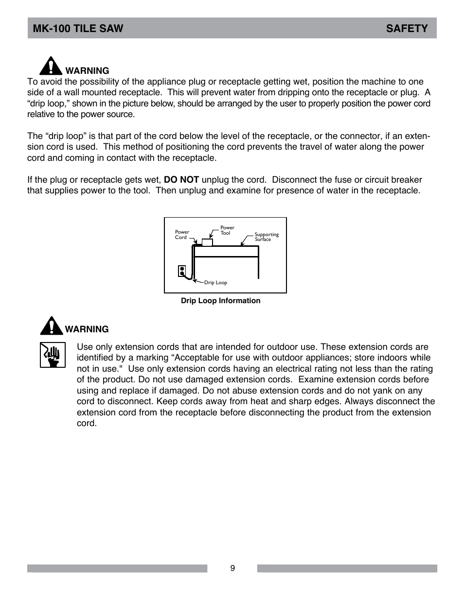 Mk-100 tile saw safety | MK Diamond MK-100 User Manual | Page 9 / 44