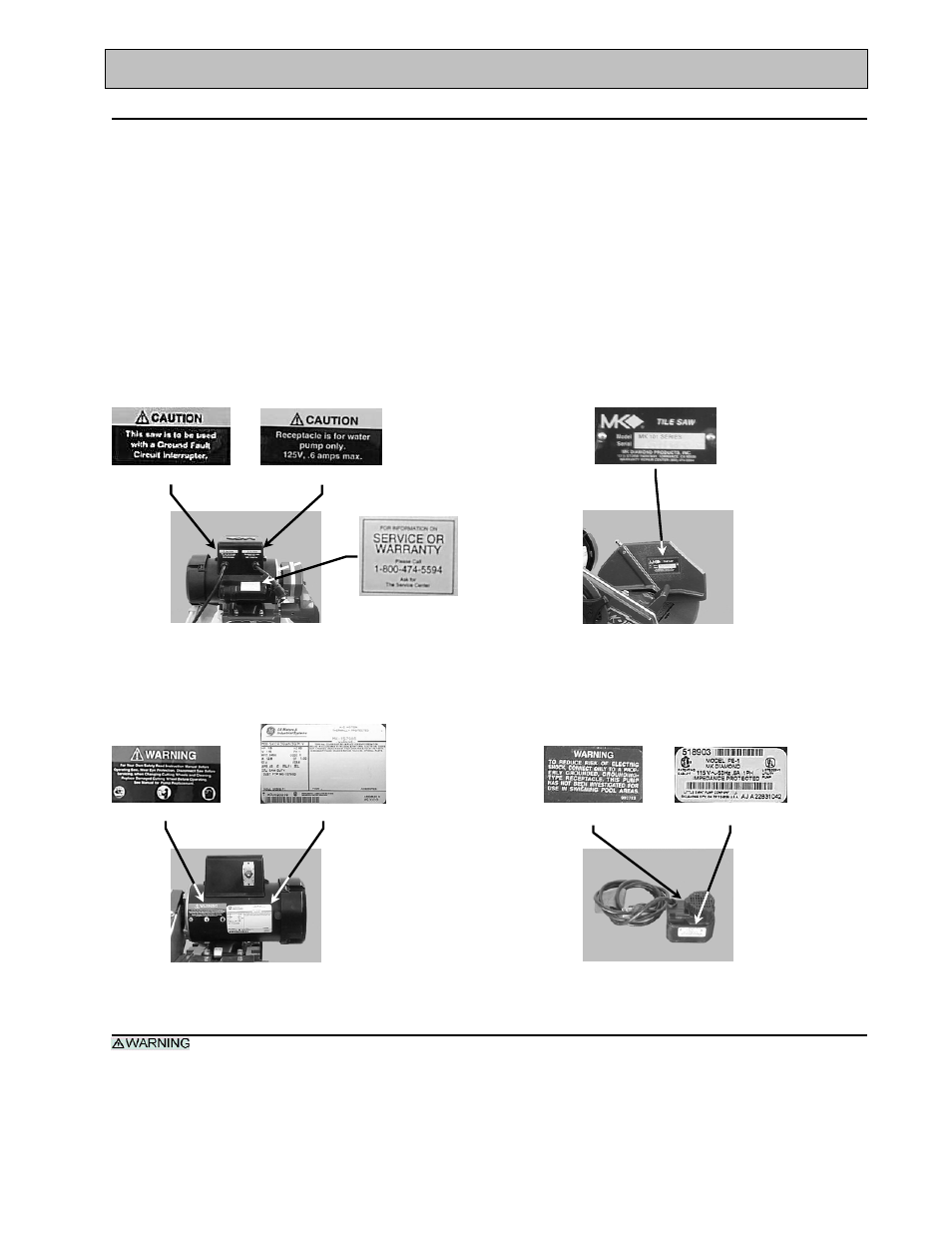 Safety, Safety label locations, Tile saw specific warnings | MK Diamond MK-100 Tracker User Manual | Page 9 / 46