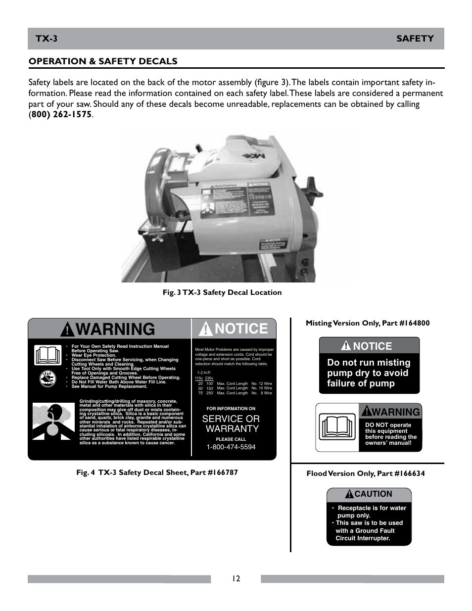 Warning, Notice, Operation & safety decals tx-3 safety | Service or warranty | MK Diamond TX-3 User Manual | Page 12 / 52