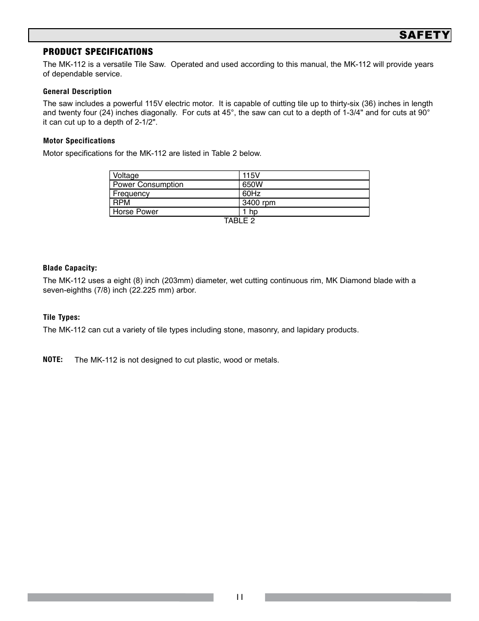 Safety | MK Diamond MK-112 User Manual | Page 11 / 28