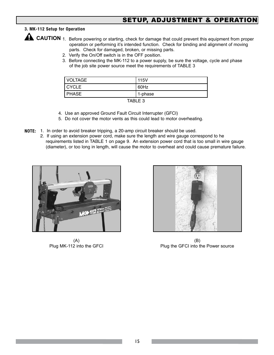 Setup, adjustment & operation | MK Diamond MK-112 User Manual | Page 15 / 28