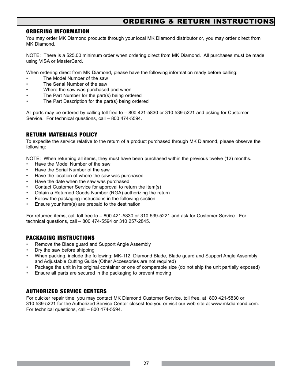 Ordering & return instructions | MK Diamond MK-112 User Manual | Page 27 / 28