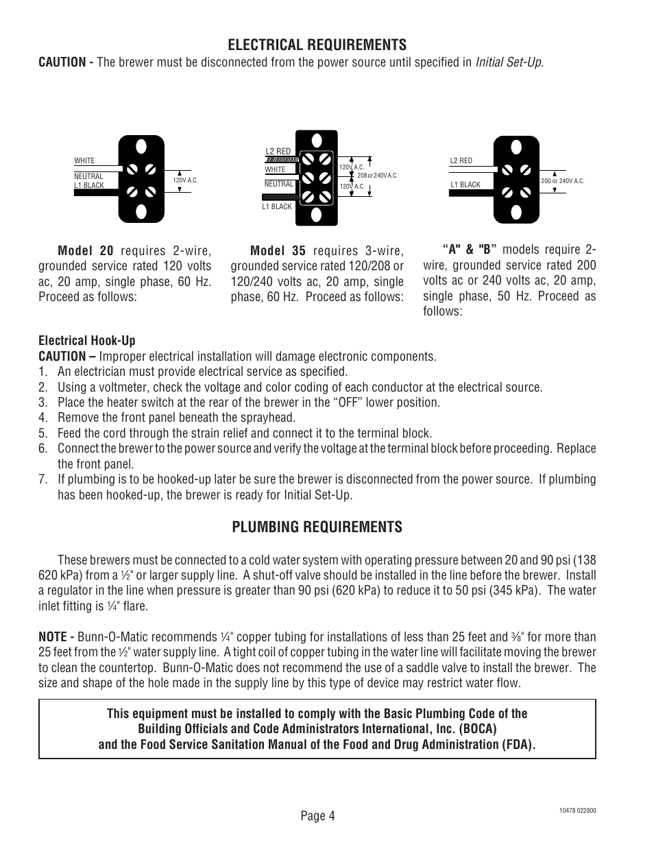 Electrical requirements, Plumbing requirements, Initial set-up | Bunn CRT5 CRTF5 User Manual | Page 4 / 32