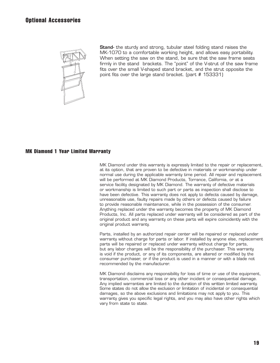 Optional accessories, 19 mk diamond 1 year limited warranty | MK Diamond MK1070 User Manual | Page 20 / 22
