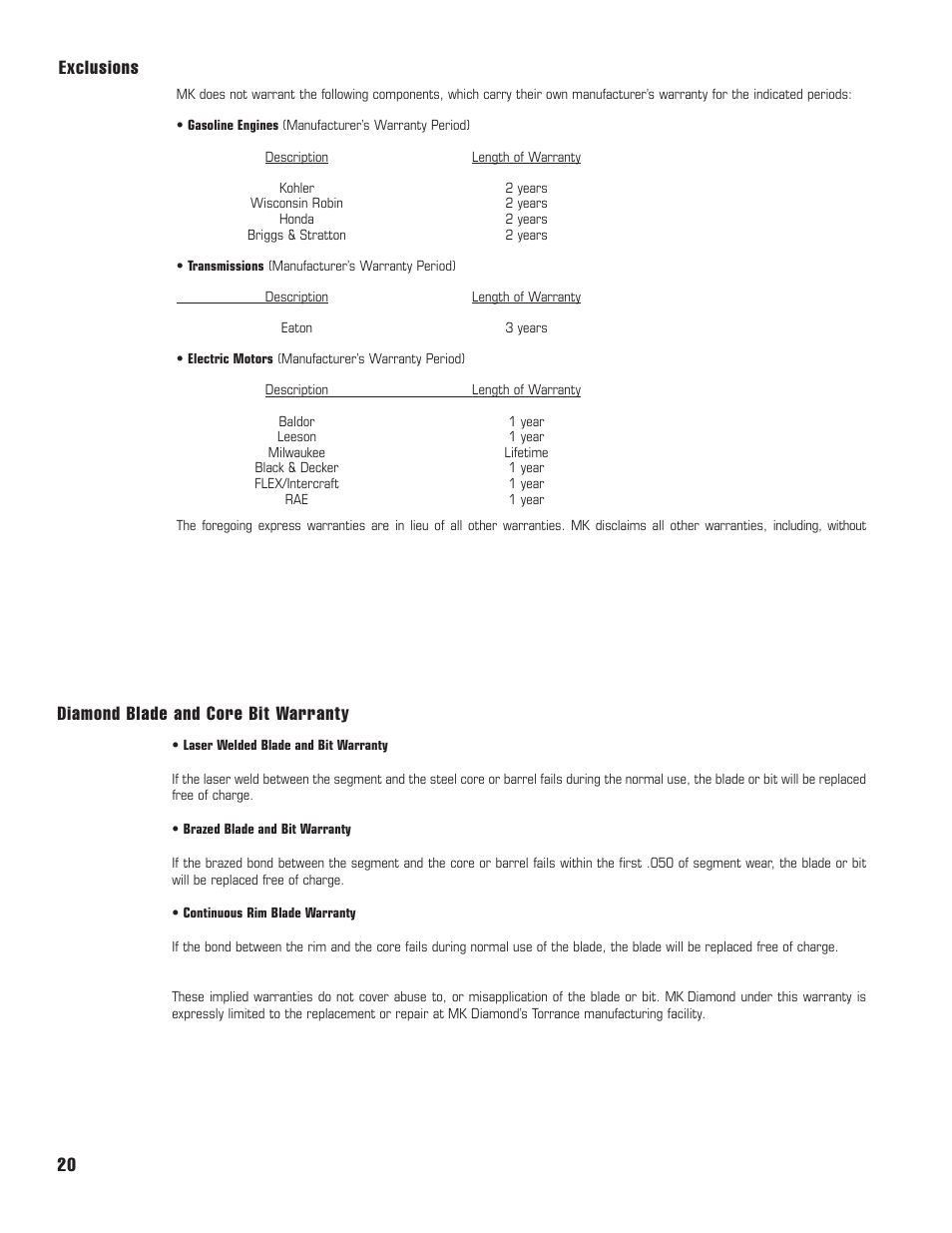 Exclusions, Diamond blade and core bit warranty 20 | MK Diamond MK1070 User Manual | Page 21 / 22