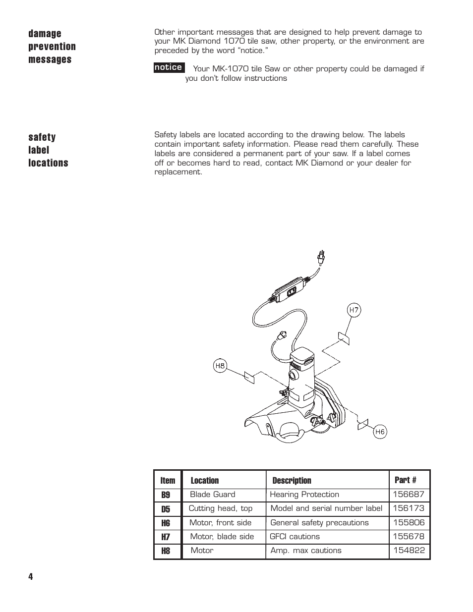 Damage prevention messages safety label locations | MK Diamond MK1070 User Manual | Page 5 / 22