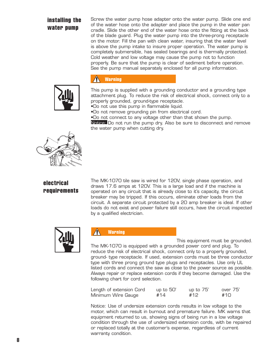 Electrical requirements, Installing the water pump | MK Diamond MK1070 User Manual | Page 9 / 22