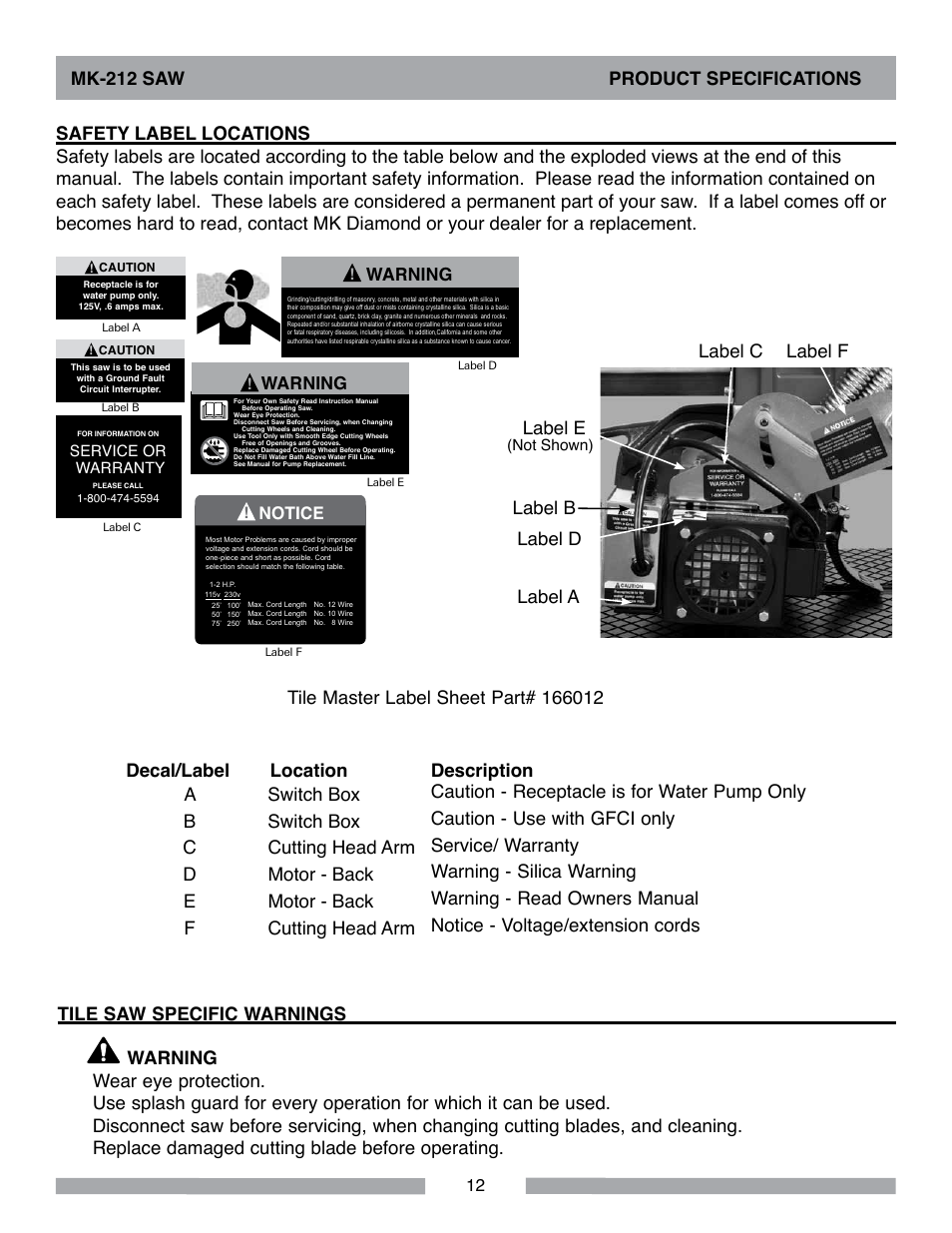 Label a label b label c label f label d label e, Warning, Warning notice | MK Diamond MK-212 User Manual | Page 12 / 52