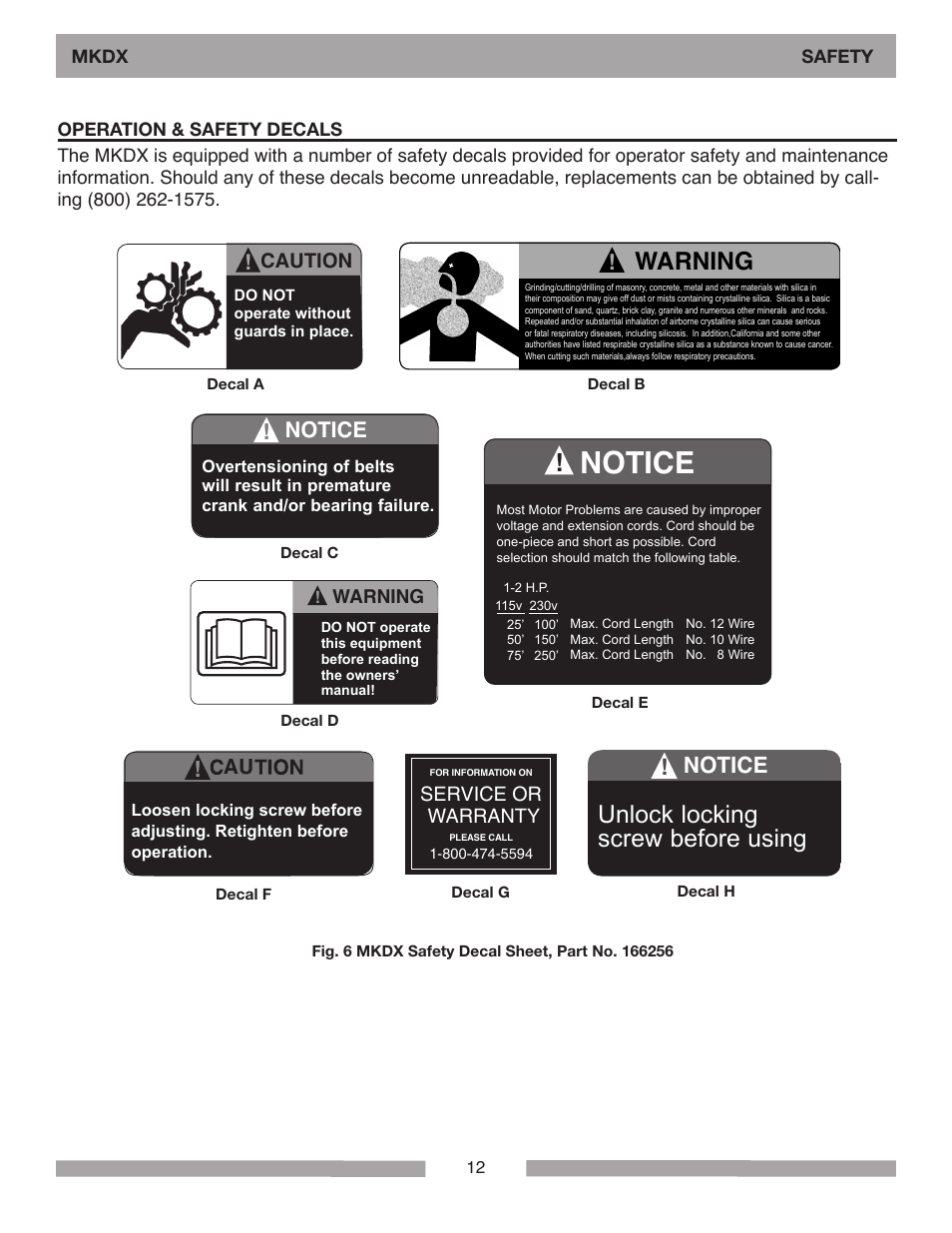 Warning, Unlock locking screw before using, Notice | MK Diamond MKDX Profile Milling Machine User Manual | Page 12 / 40