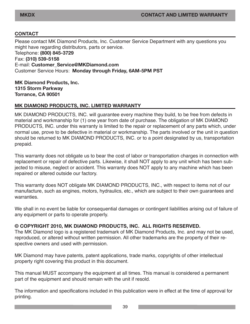 MK Diamond MKDX Profile Milling Machine User Manual | Page 39 / 40
