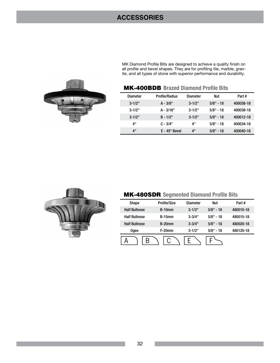 Accessories, Mk-480sdr, Segmented diamond profile bits | Mk-400bdb, Brazed diamond profile bits | MK Diamond MK-EZ Profile Milling Machine User Manual | Page 32 / 36