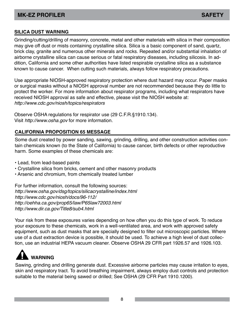 Mk-ez profiler safety | MK Diamond MK-EZ Profile Milling Machine User Manual | Page 8 / 36