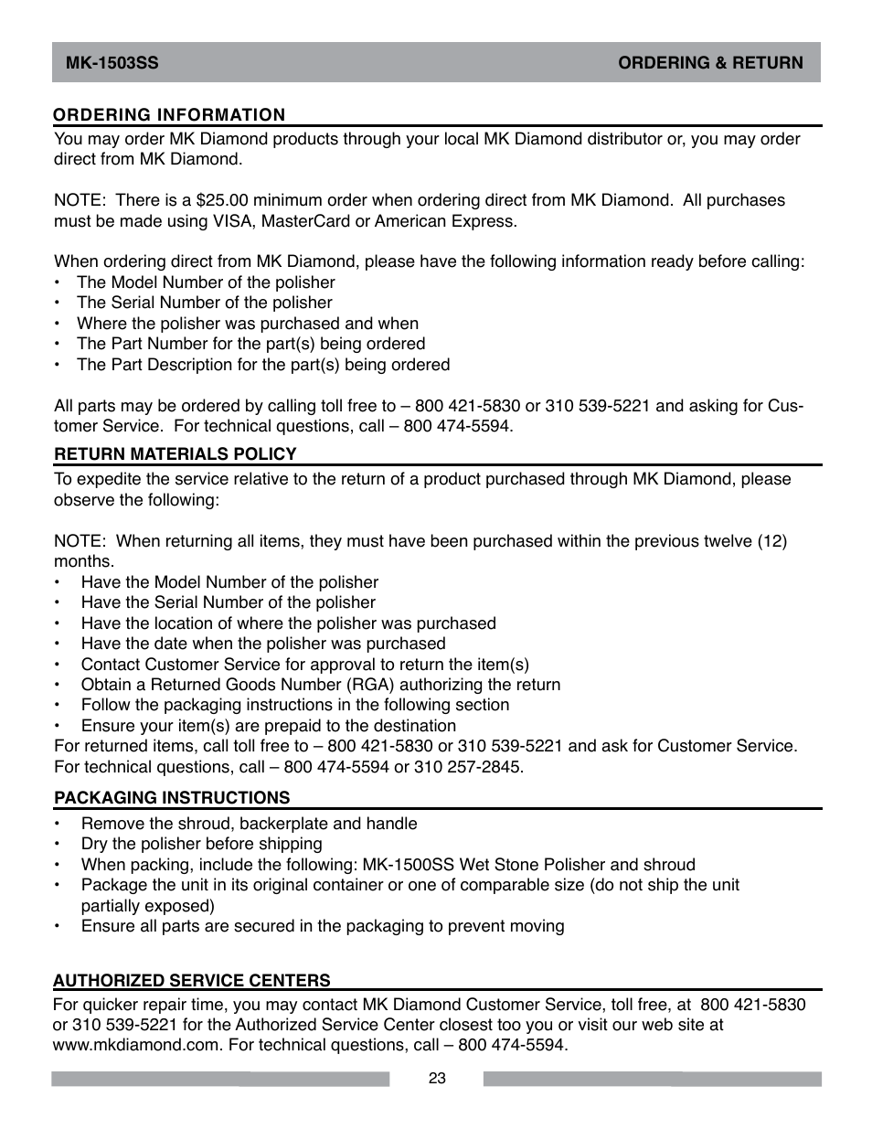 MK Diamond MK-1503SS User Manual | Page 23 / 24
