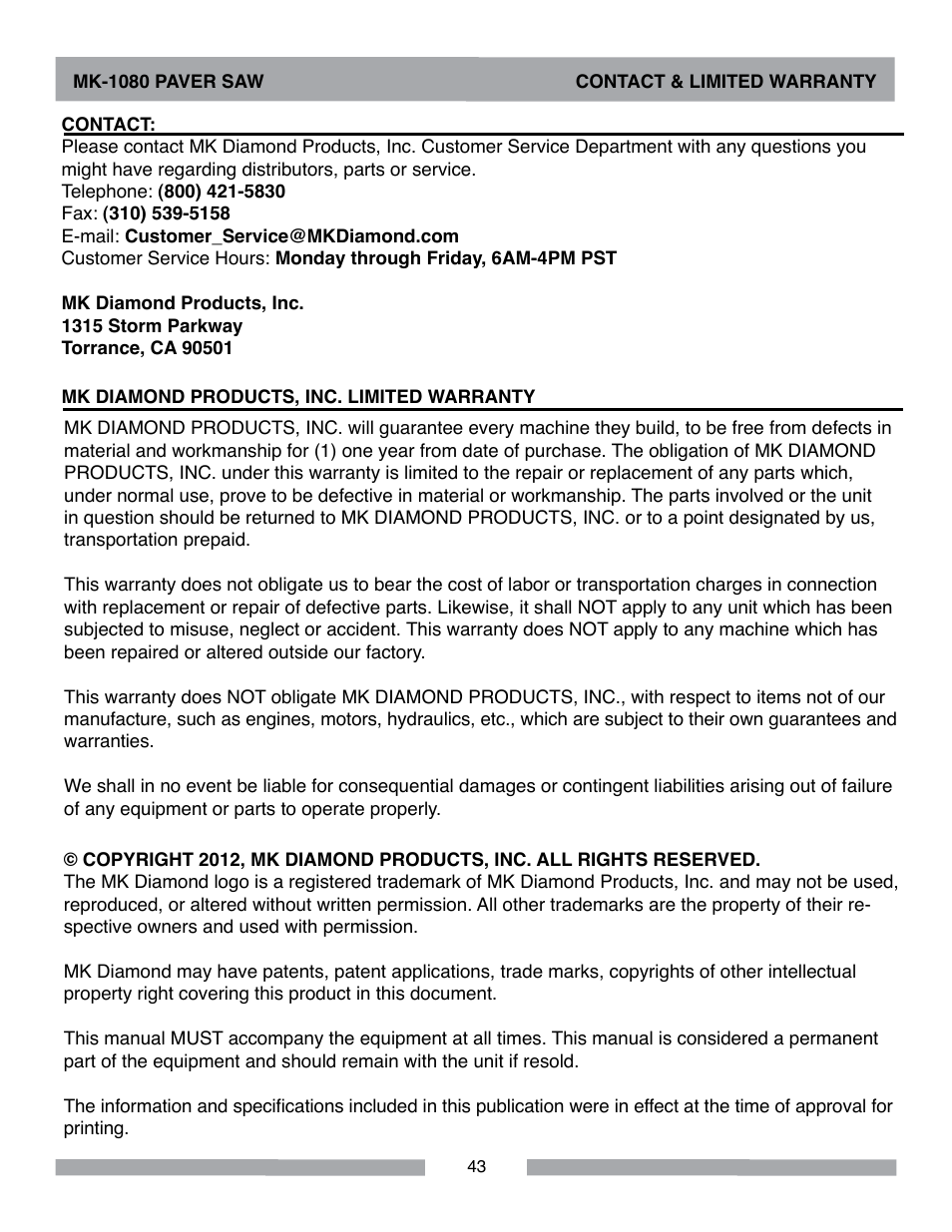 MK Diamond MK-1080 User Manual | Page 43 / 44