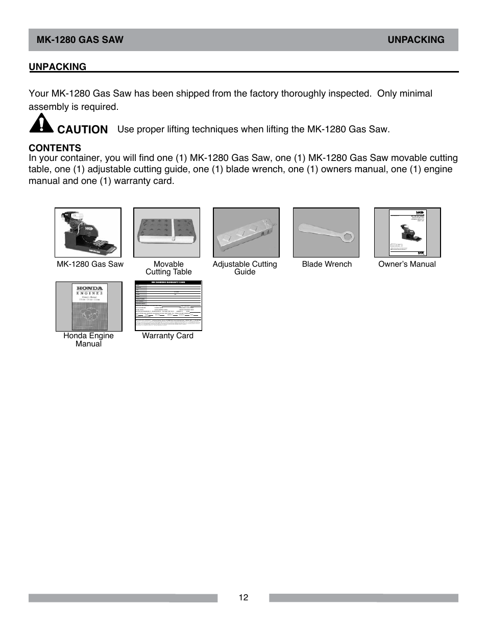 Caution, Mk-1280 gas saw unpacking, Unpacking | MK Diamond MK-1280 Gas User Manual | Page 12 / 48