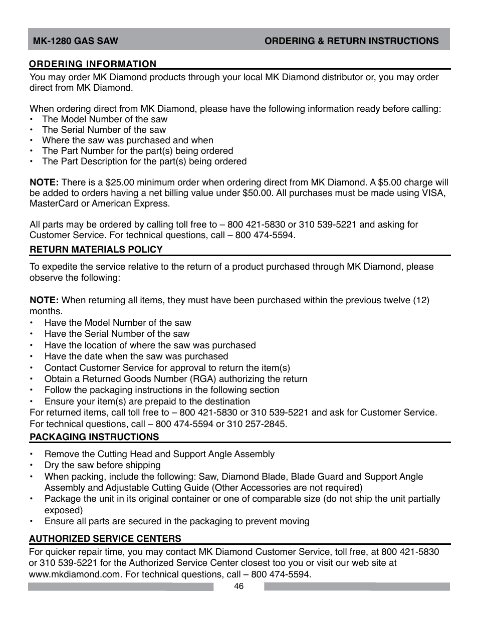 MK Diamond MK-1280 Gas User Manual | Page 46 / 48