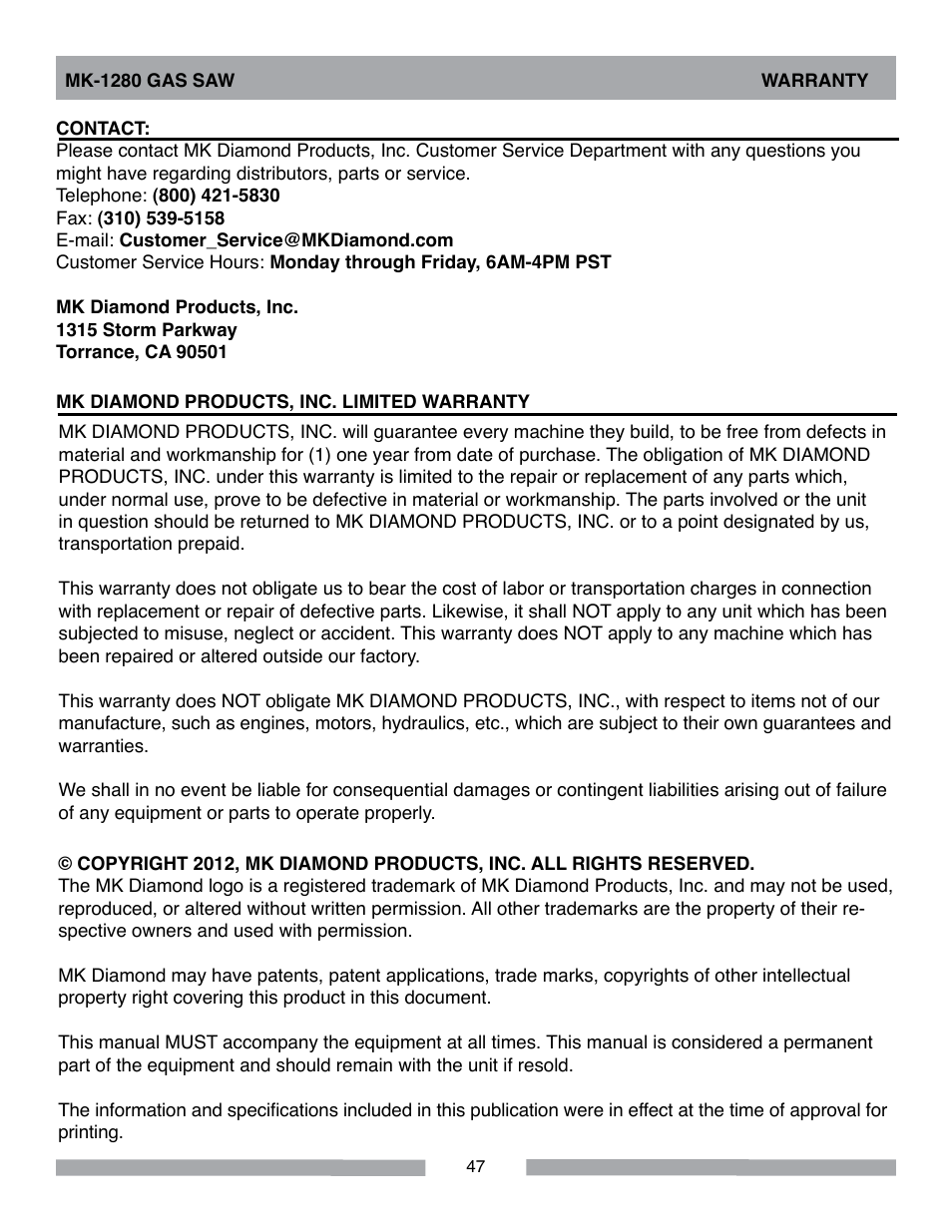 MK Diamond MK-1280 Gas User Manual | Page 47 / 48