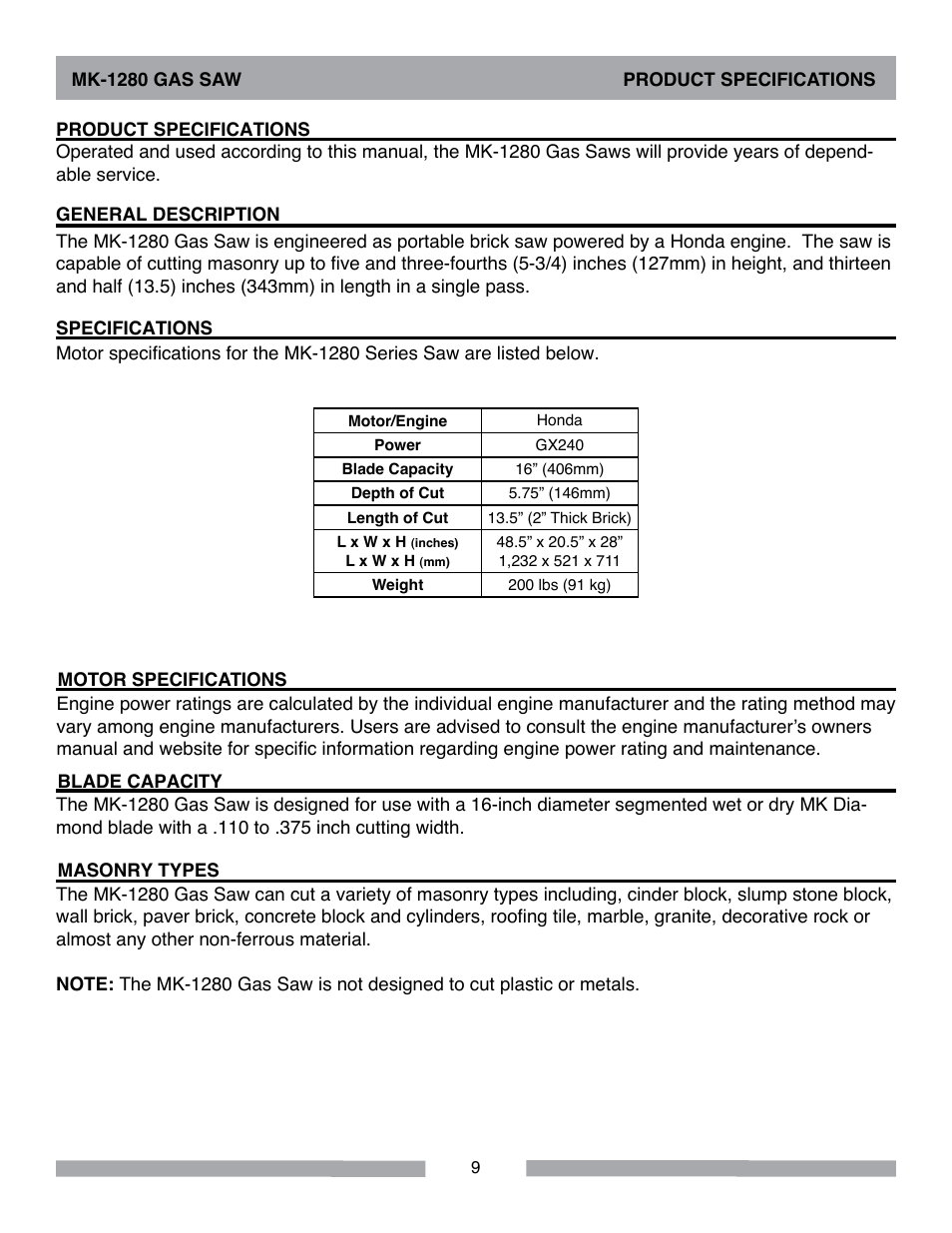 MK Diamond MK-1280 Gas User Manual | Page 9 / 48