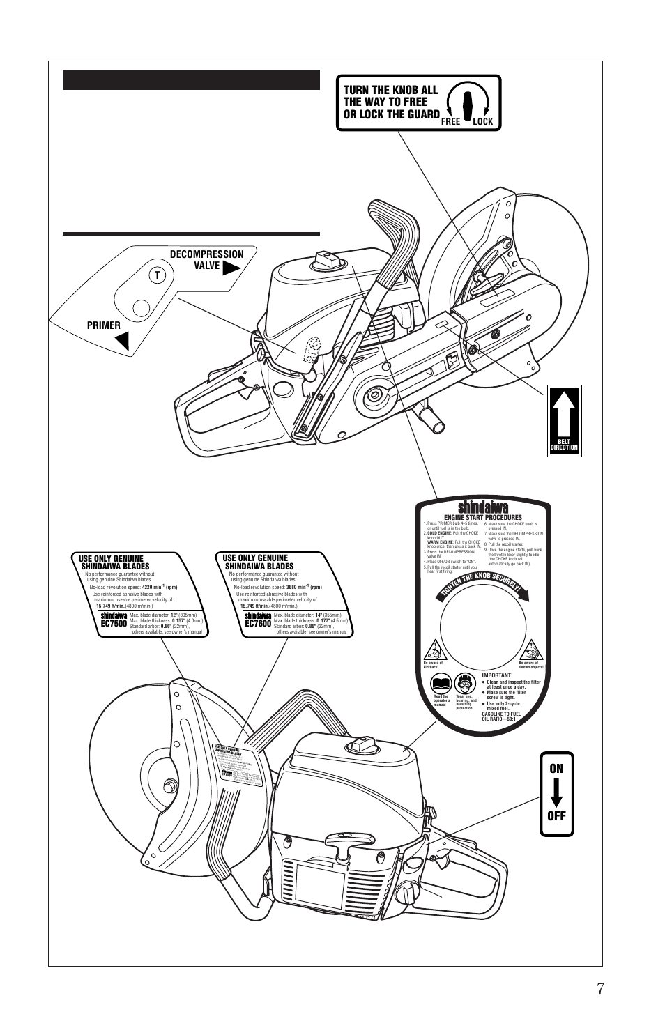 Safety and operation information labels, Figure 4, On off | Decompression valve primer t, Free lock, Use only genuine shindaiwa blades ec7600, Use only genuine shindaiwa blades ec7500 | MK Diamond EC7600 User Manual | Page 7 / 28