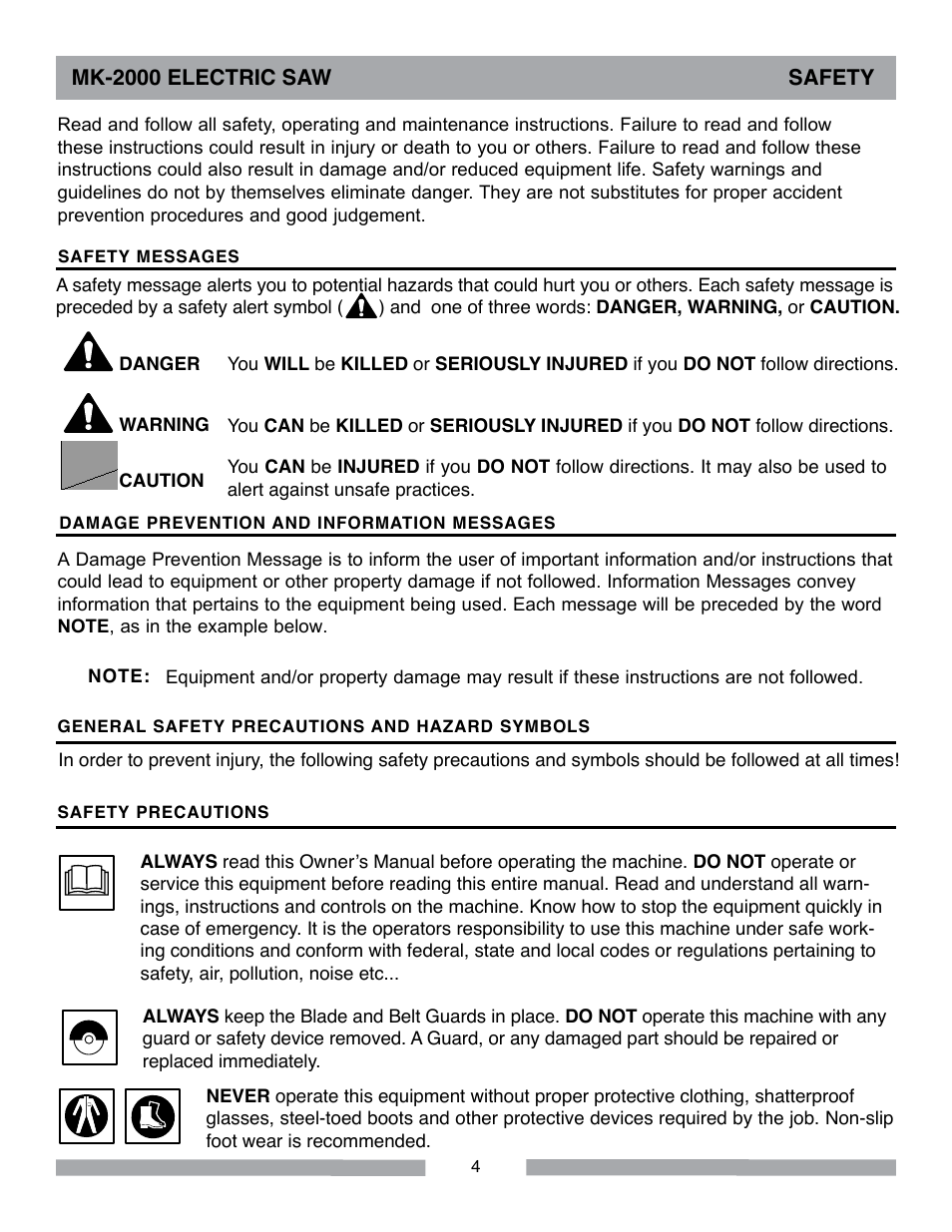 Mk-2000 electric saw safety | MK Diamond MK-2000 Electric User Manual | Page 4 / 52