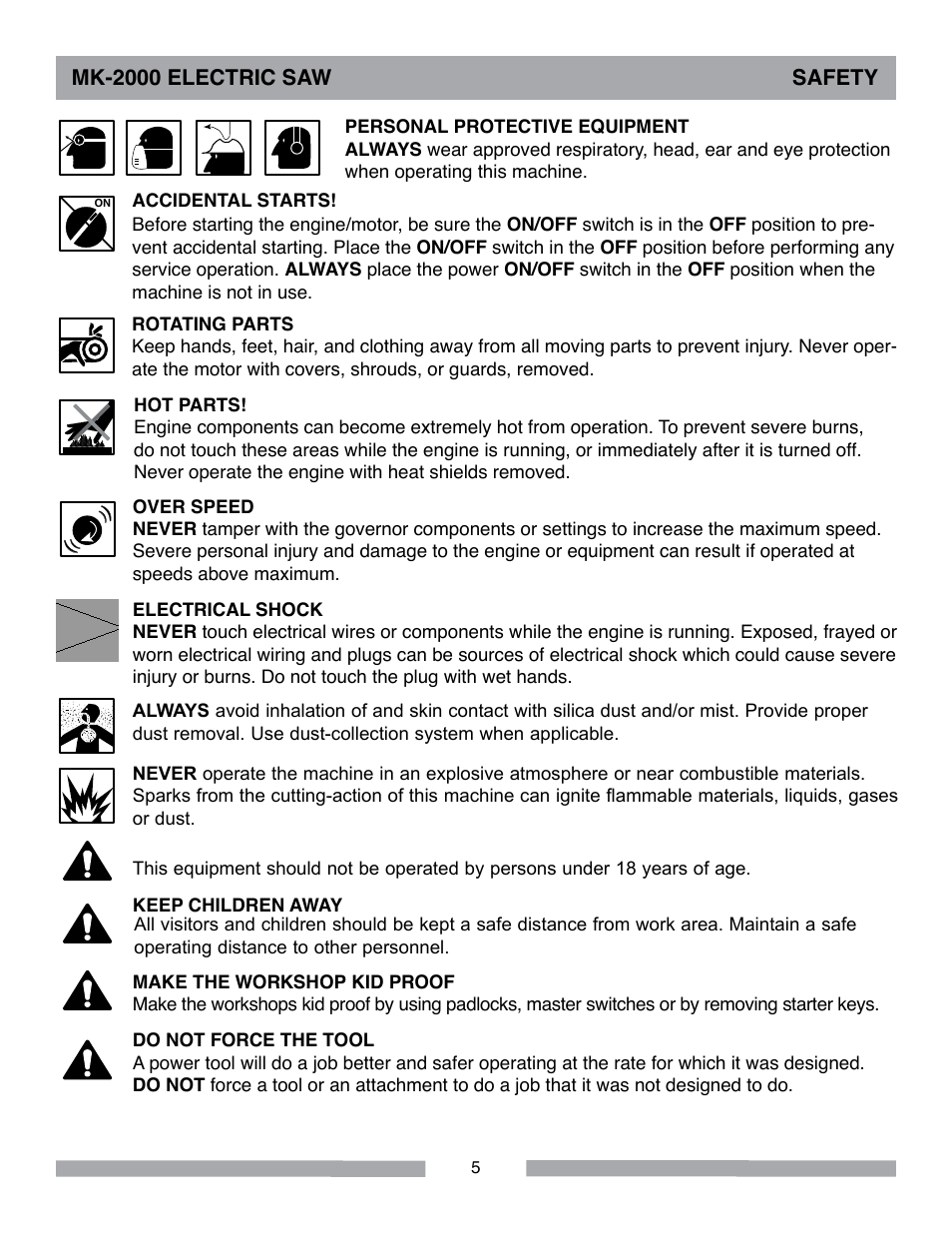 Mk-2000 electric saw safety | MK Diamond MK-2000 Electric User Manual | Page 5 / 52