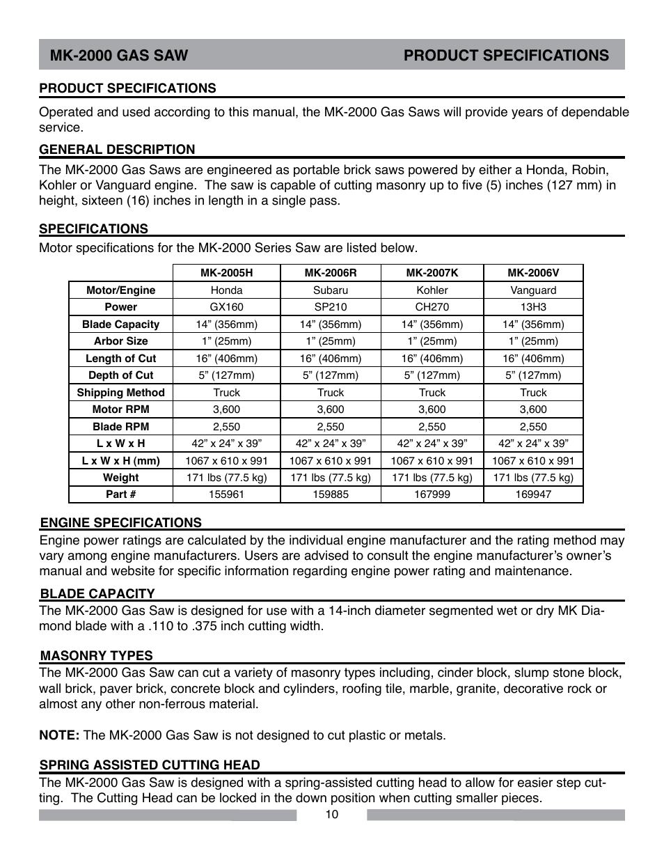 Mk-2000 gas saw product specifications | MK Diamond MK-2000 Gas User Manual | Page 10 / 60