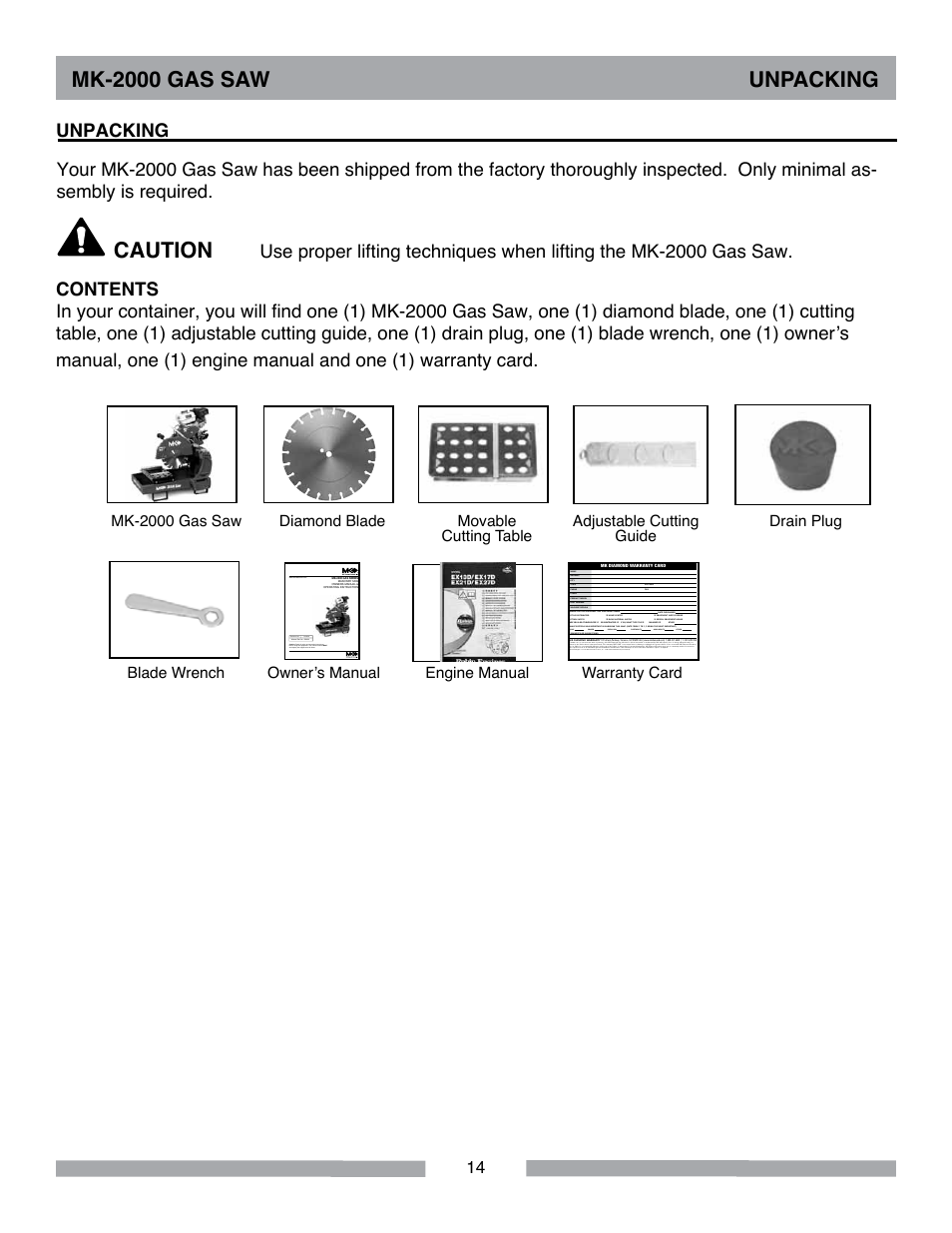 Mk-2000 gas saw unpacking caution, Unpacking | MK Diamond MK-2000 Gas User Manual | Page 14 / 60