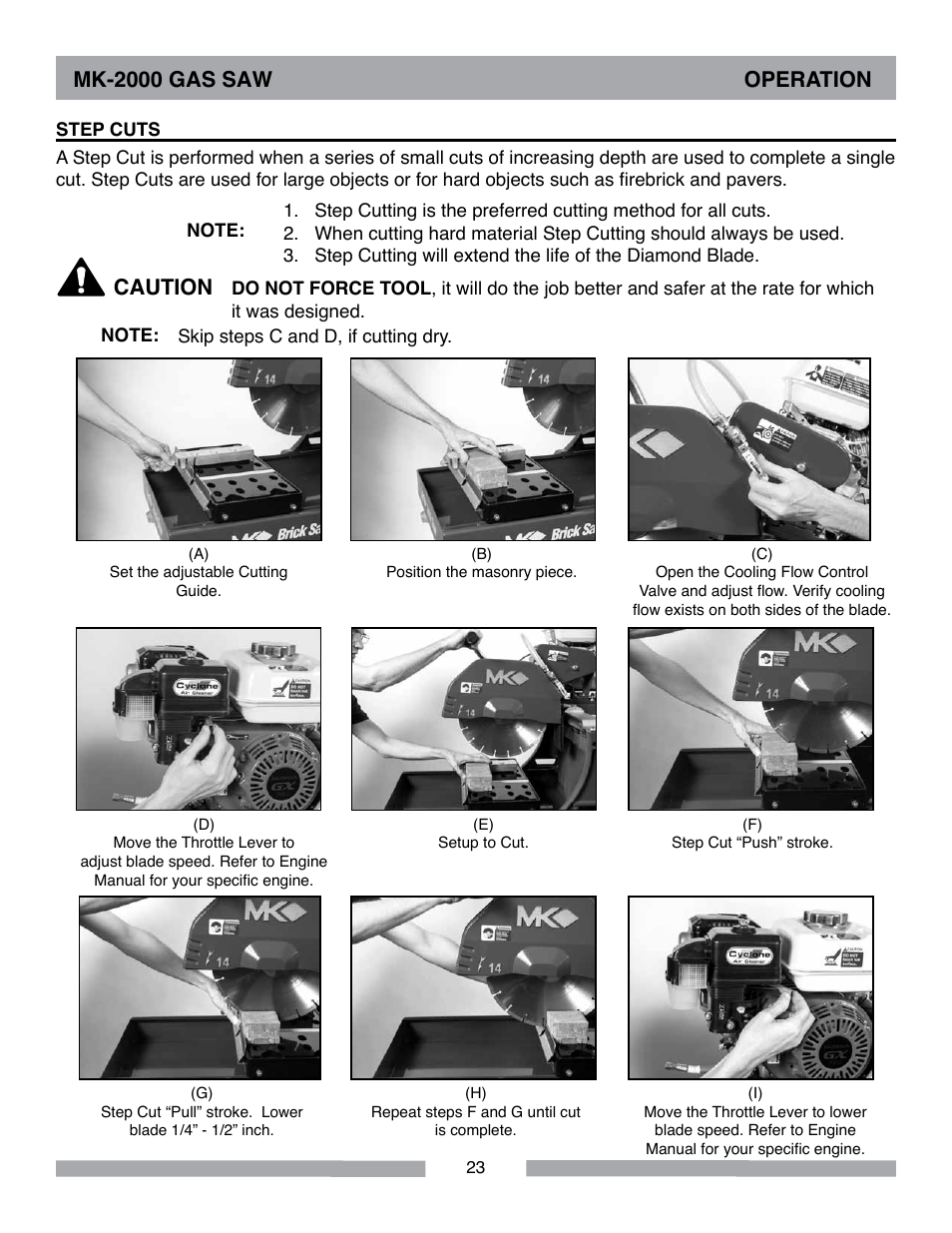 Mk-2000 gas saw operation, Caution | MK Diamond MK-2000 Gas User Manual | Page 23 / 60