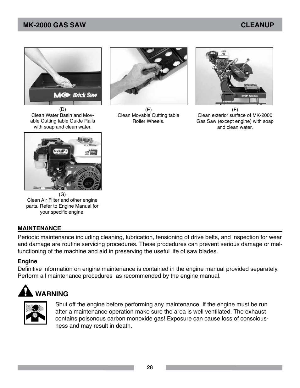 Mk-2000 gas saw cleanup, Warning | MK Diamond MK-2000 Gas User Manual | Page 28 / 60