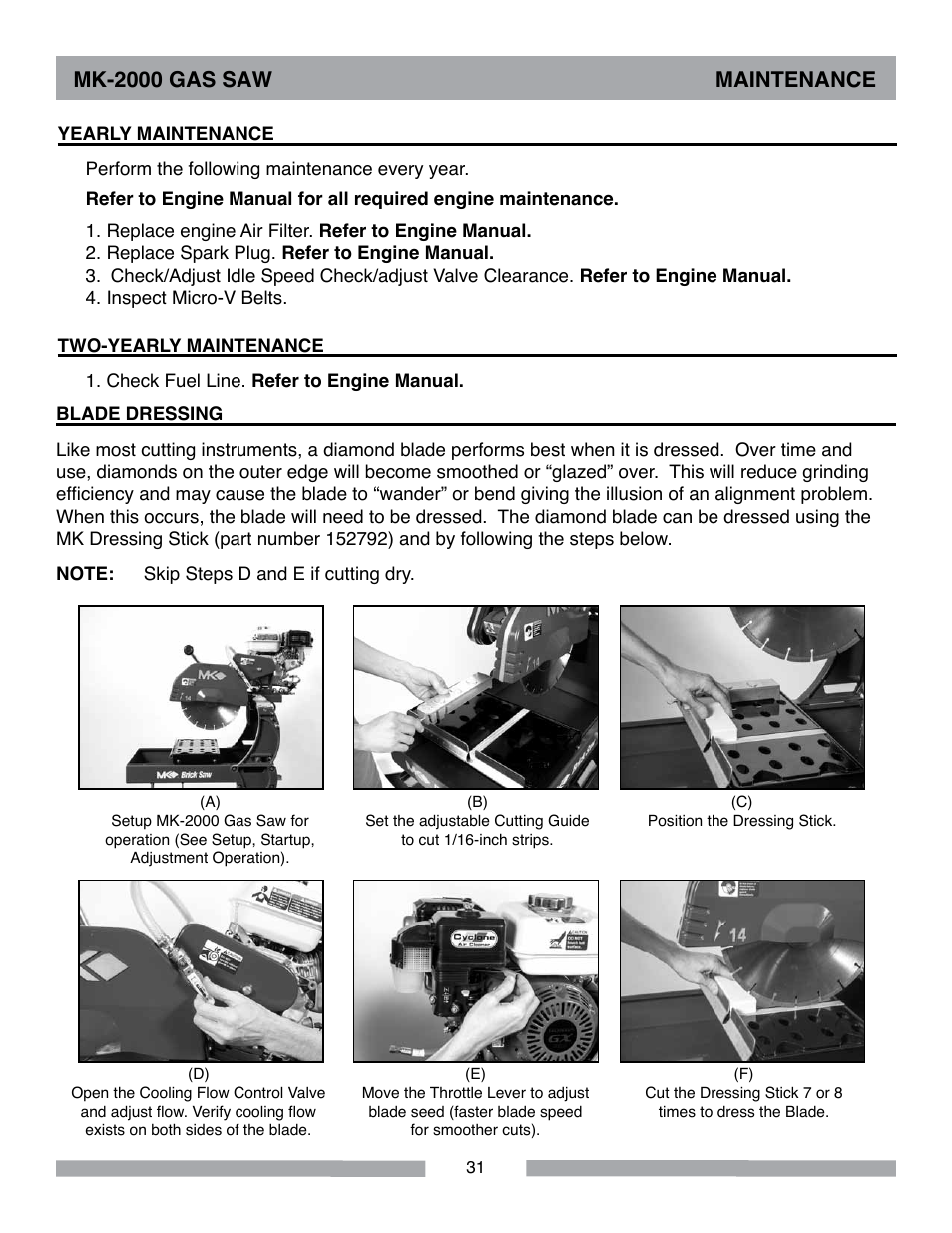 Mk-2000 gas saw maintenance | MK Diamond MK-2000 Gas User Manual | Page 31 / 60