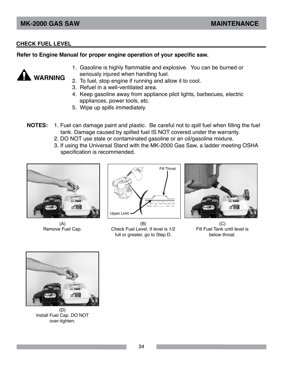Mk-2000 gas saw maintenance, Warning | MK Diamond MK-2000 Gas User Manual | Page 34 / 60