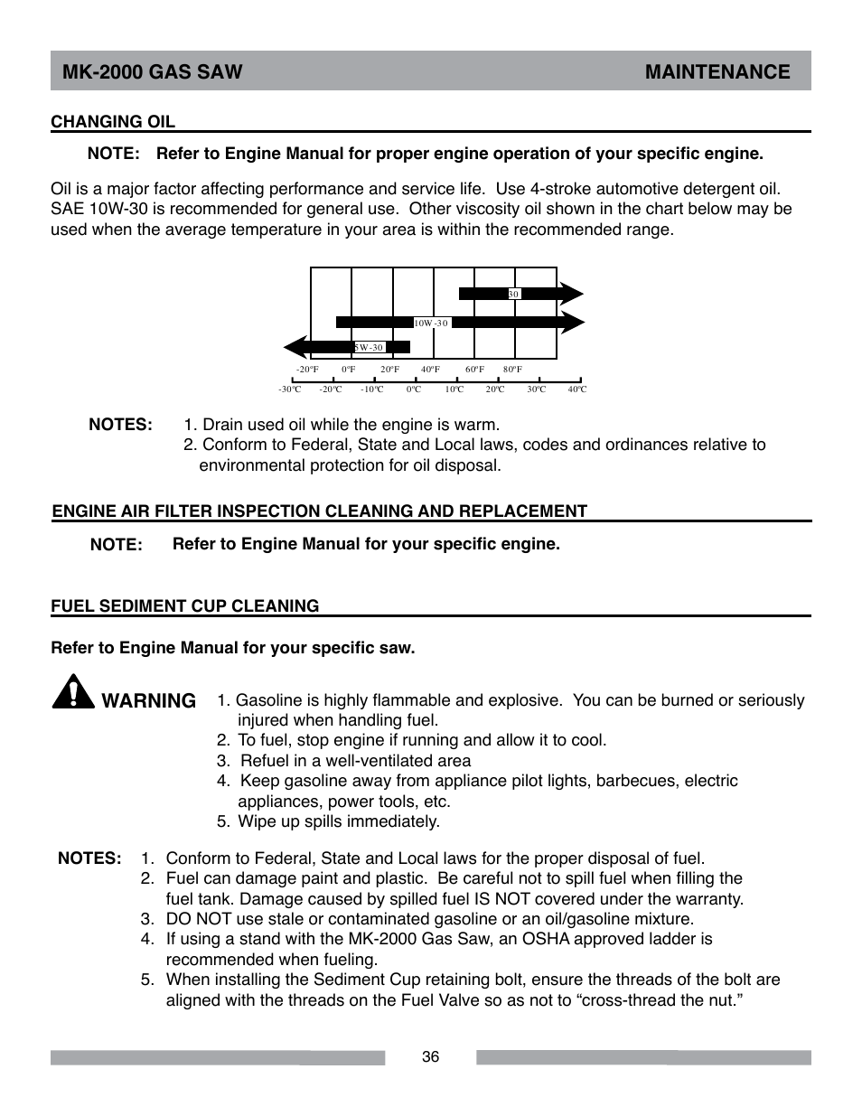 Mk-2000 gas saw maintenance, Warning | MK Diamond MK-2000 Gas User Manual | Page 36 / 60