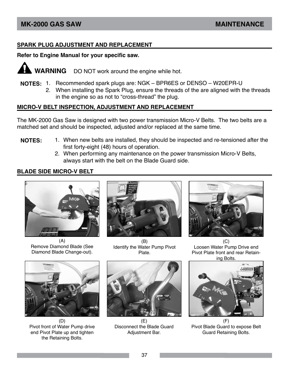 Mk-2000 gas saw maintenance, Warning | MK Diamond MK-2000 Gas User Manual | Page 37 / 60